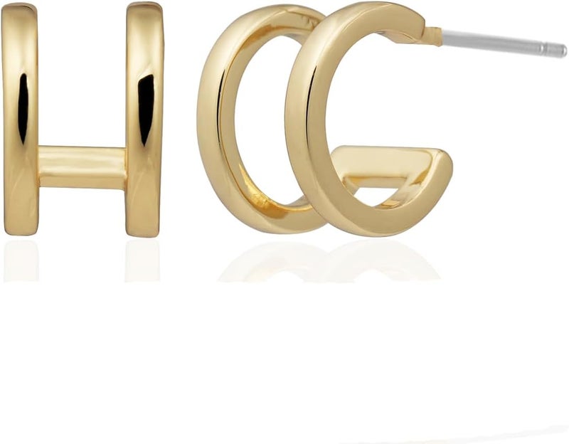 Obidos 14K Gold Plated Triple Huggie Illusion Stud Earrings | Double Huggie Hoop Earrings for One Hole | Gold Hoop Earrings for Women | Drop earrings - Image 1